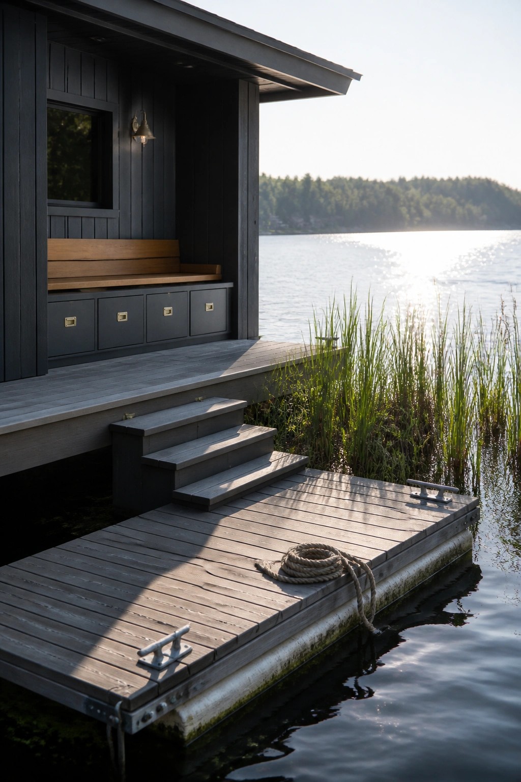 A dark wooden house exterior with a deck, built-in bench, and stairs leading down to a floating dock on still water, with reeds along the edge.