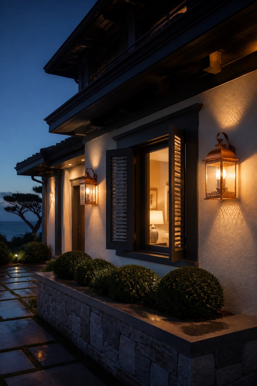 A coastal house exterior at dusk with dark-framed windows, open shutters, and glowing wall lanterns mounted beside the window on a light stucco wall.