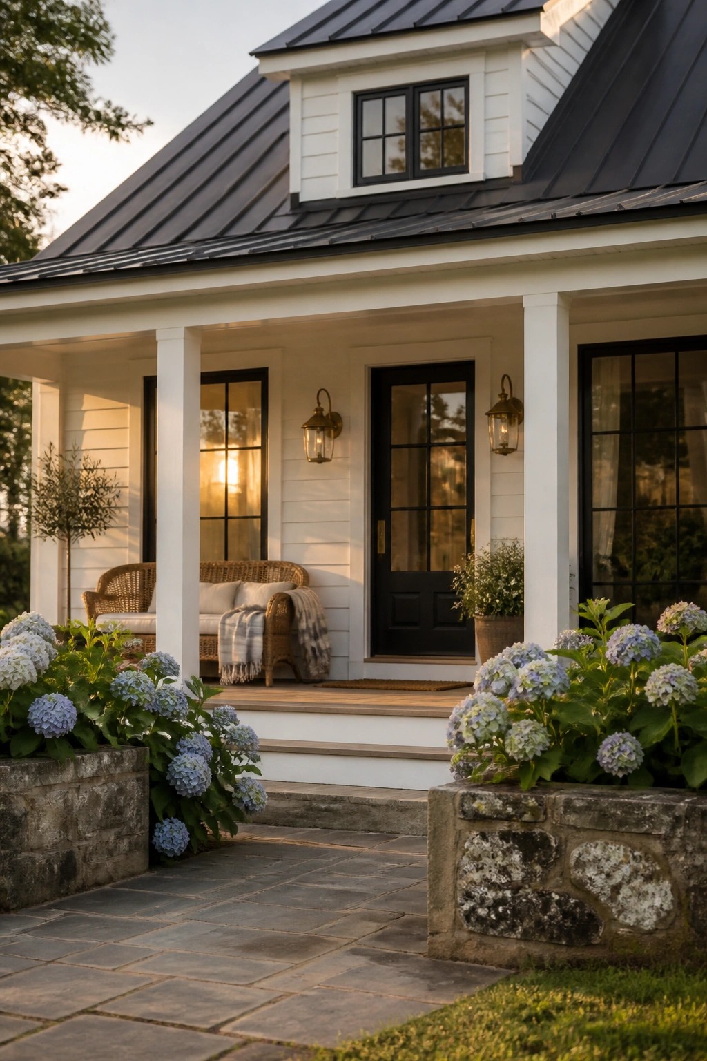 A white house with a black front door, black window frames, white columns, and stone planters holding blue hydrangeas along the porch steps.