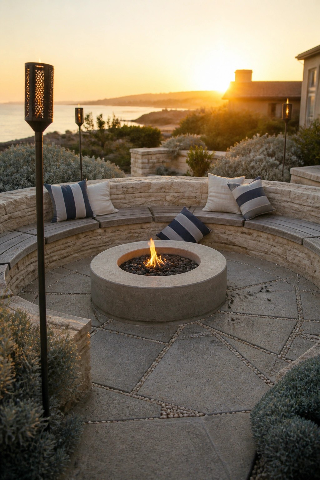 A round concrete fire pit with burning wood sits at the center of a curved stone patio lined with wooden benches, striped cushions, and tall torches overlooking the ocean at sunset.