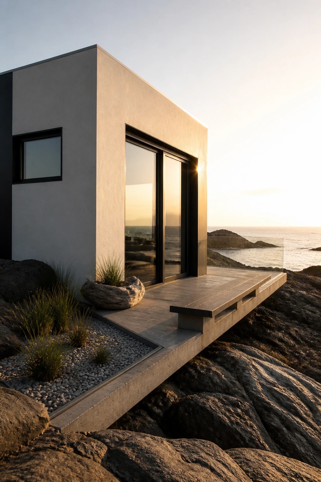 A modern concrete house with large sliding glass doors and a cantilevered deck extending over rocky terrain next to the ocean.