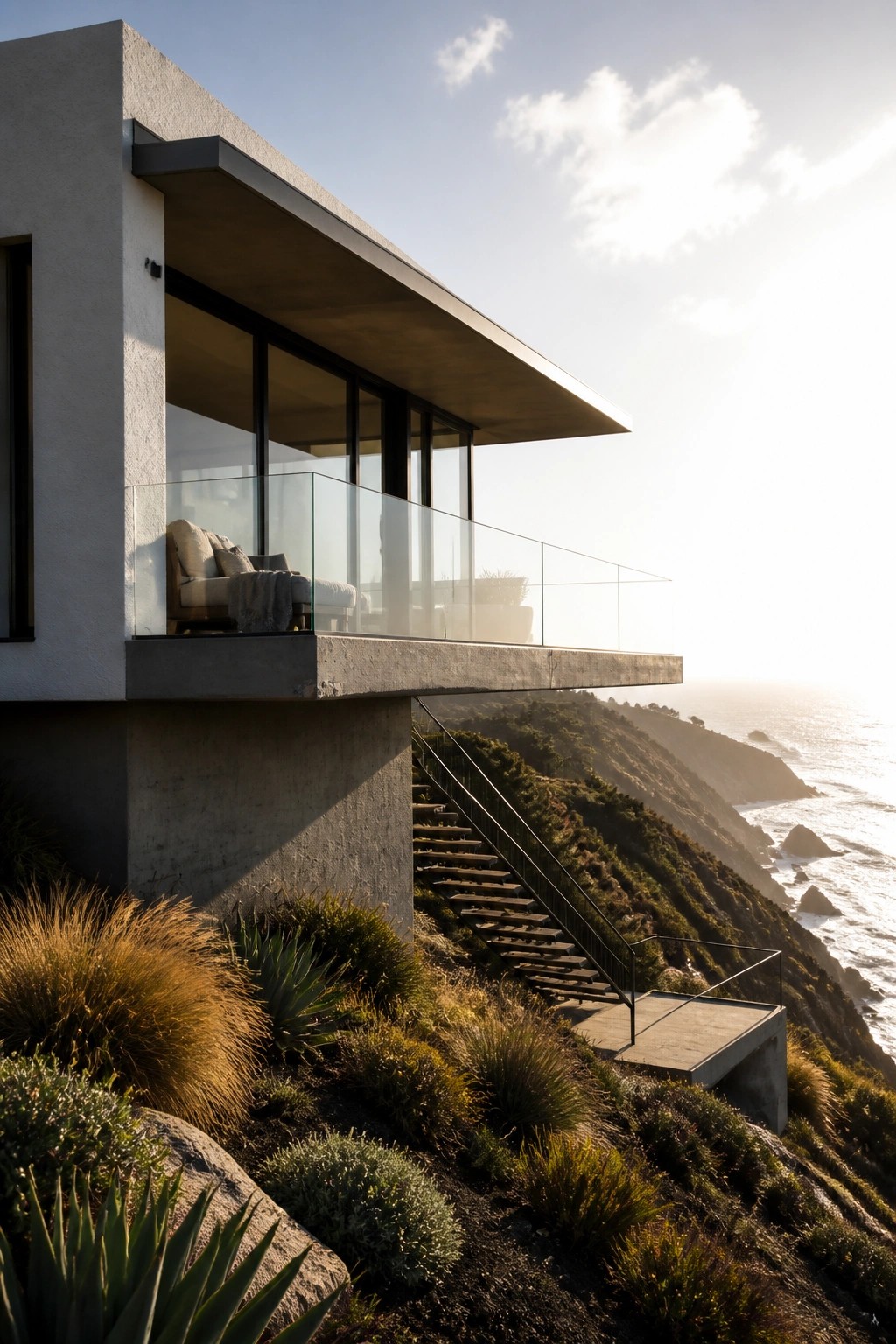 Modern concrete house with a large cantilevered balcony and glass railing above a steep coastal hillside with stairs leading toward the ocean.