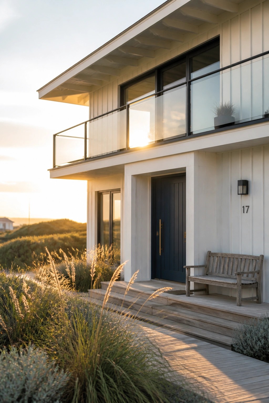 A modern two-story house with white vertical siding, a dark blue front door, black-framed windows, glass balcony railings, wooden steps, and a wooden bench beside coastal grasses.