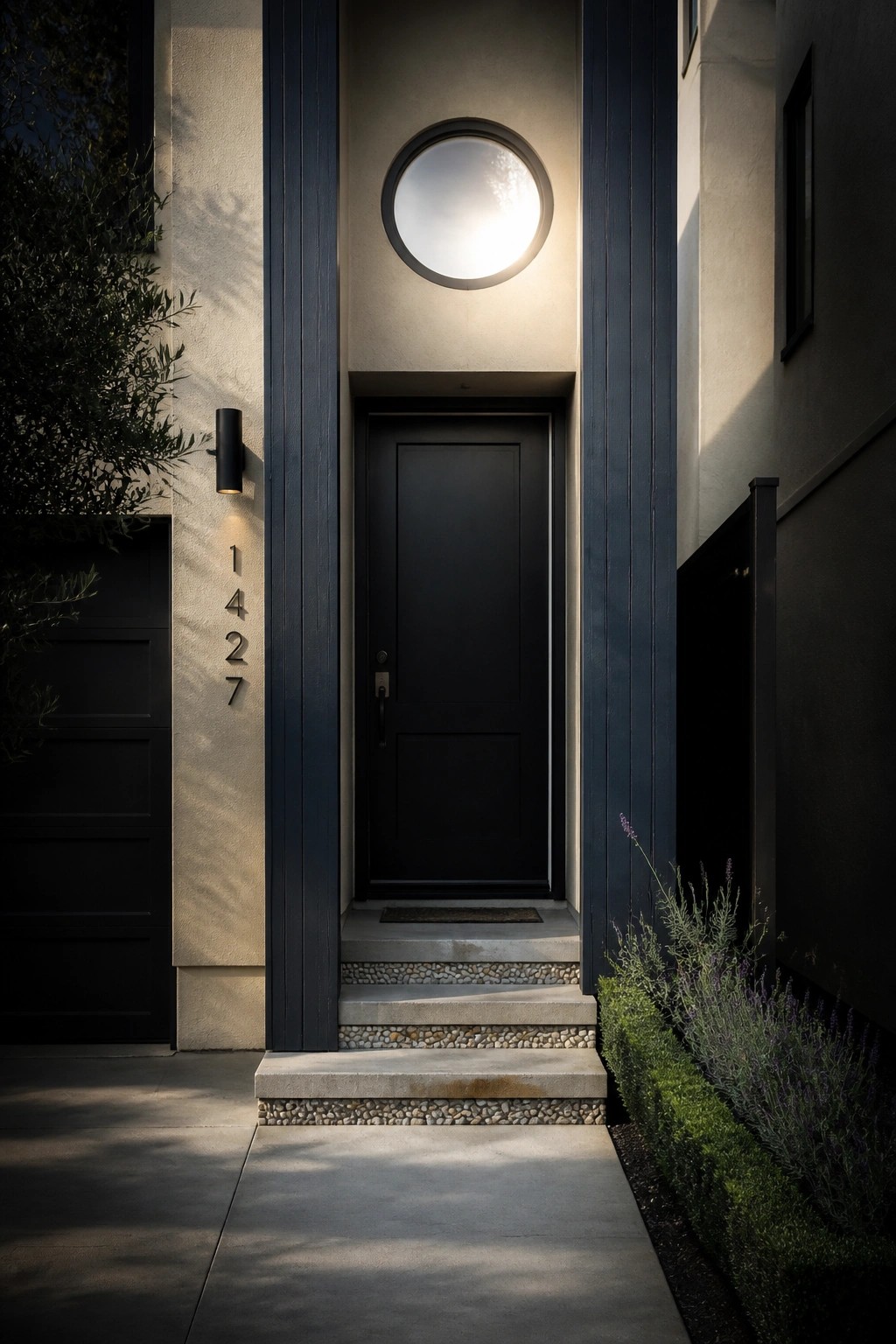 A modern house front entrance with a black door, dark vertical trim, a circular window above, light walls, and concrete steps with pebble edging.