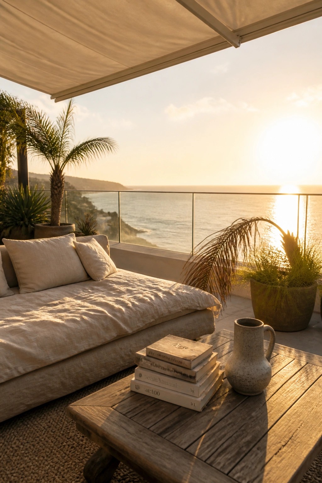 Balcony with linen daybed, wooden table, books, pitcher, and ocean sunset