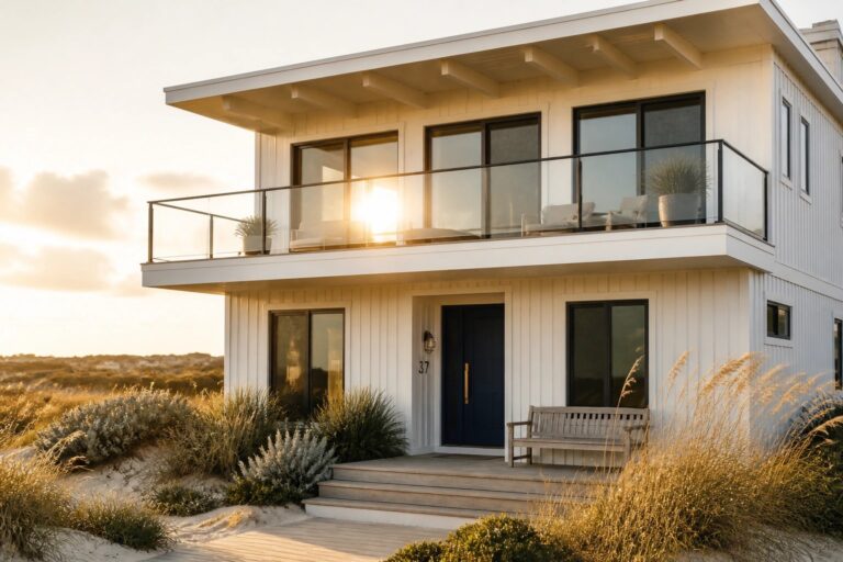 A modern two-story house with white vertical siding, a dark blue front door, black-framed windows, glass balcony railings, wooden steps, and a wooden bench beside coastal grasses.