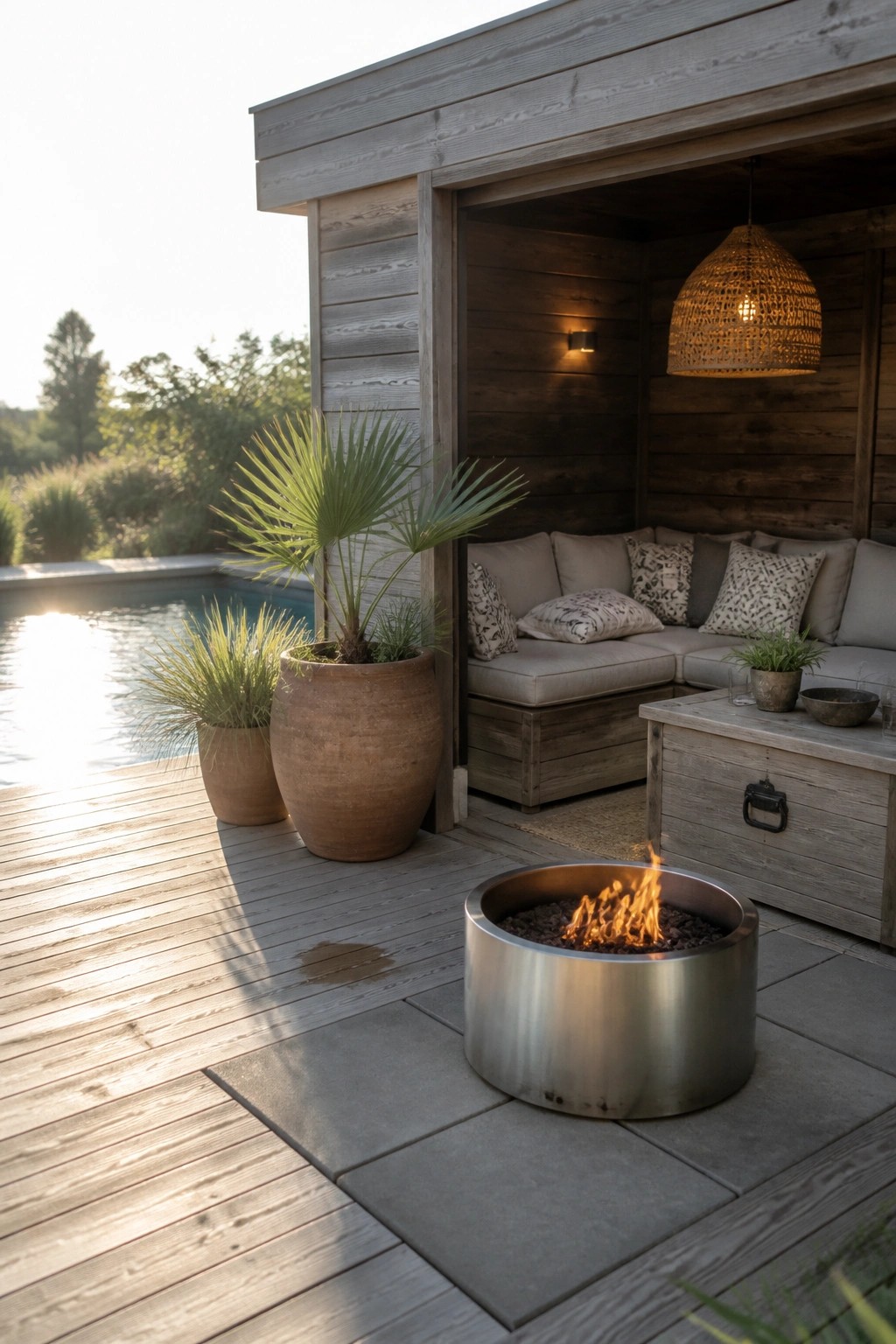 A wooden deck with a round metal fire pit in the foreground, built-in sofa seating under a wooden overhang, and large potted plants beside a pool.