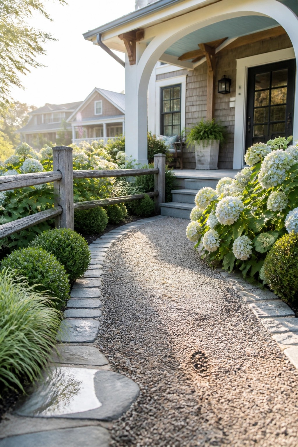 A gravel path bordered by flat stones curves toward the front porch of a shingled house, flanked by white hydrangeas and low shrubs.