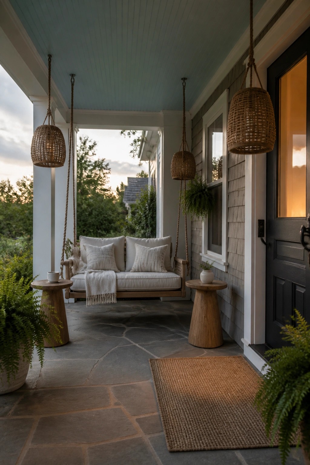 A wooden porch swing with white cushions hangs from ropes on a stone-floored covered porch next to a dark front door.