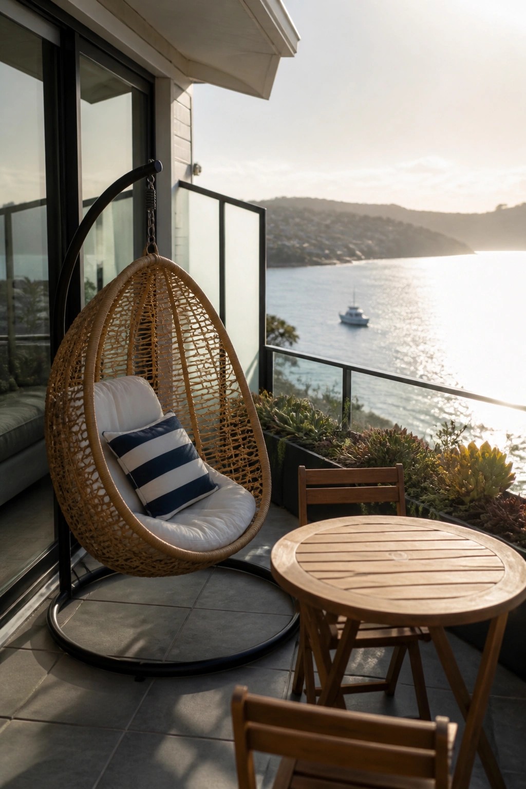 A woven hanging chair with white cushions and a striped pillow sits on a tiled balcony beside a round wooden table and chairs, overlooking water with a boat in the distance.