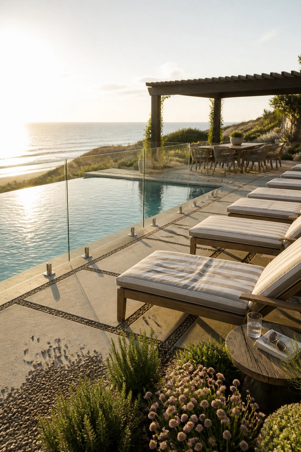 A coastal infinity pool with a wide stone deck lined with wooden lounge chairs in striped cushions, a glass railing, and a wooden pergola with dining table overlooking the ocean.