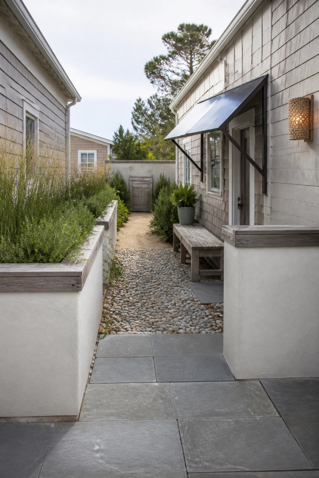 Narrow stone path between gray shingled houses with bench, planters, and awning