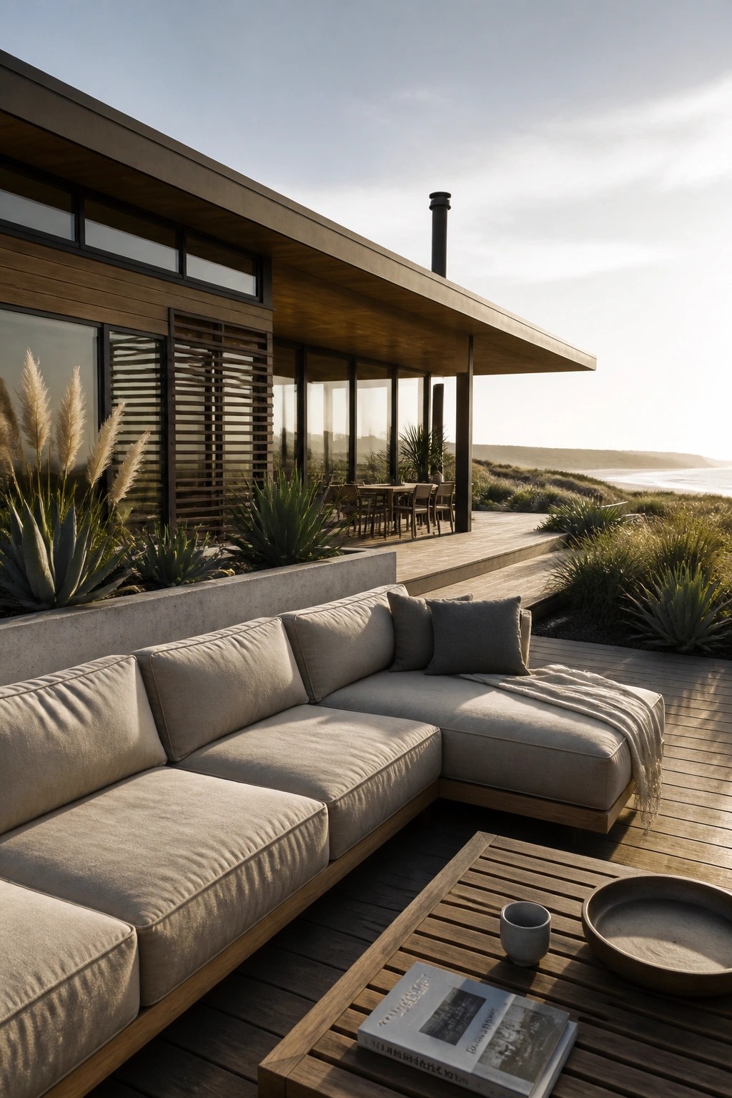 Modern coastal house with wooden deck, large beige sectional sofa, coffee table, and ocean view beyond dunes and grasses.