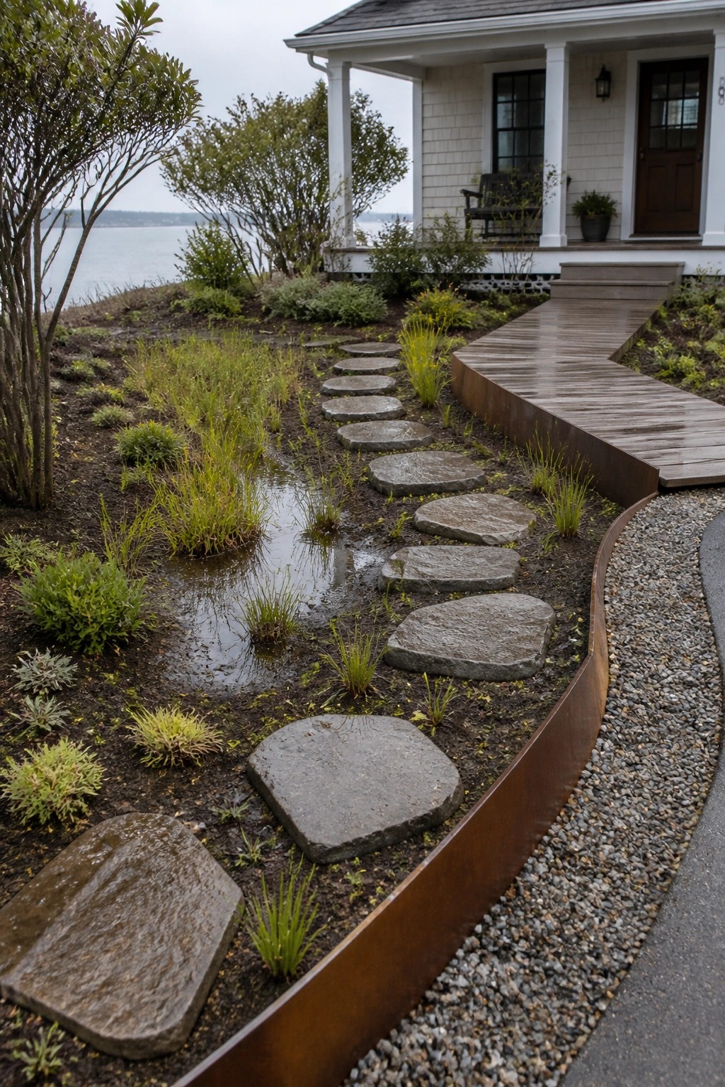 A coastal house porch with a curved wooden walkway and a garden path of large irregular stepping stones set in soil with metal edging and gravel on one side.