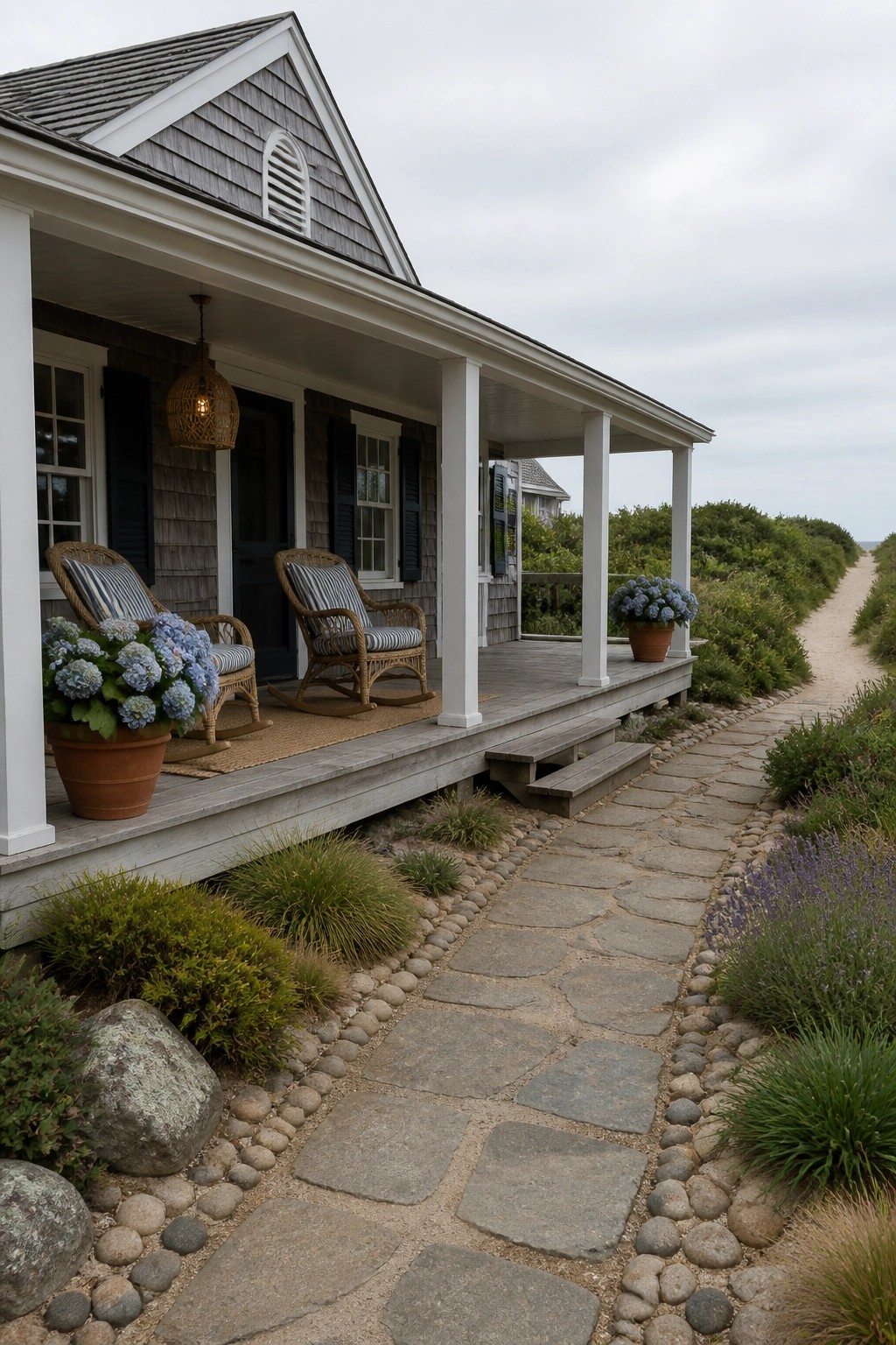 A coastal house with gray shingles and a white porch is reached by a wide stone path bordered with small pebbles and lined with low plants.