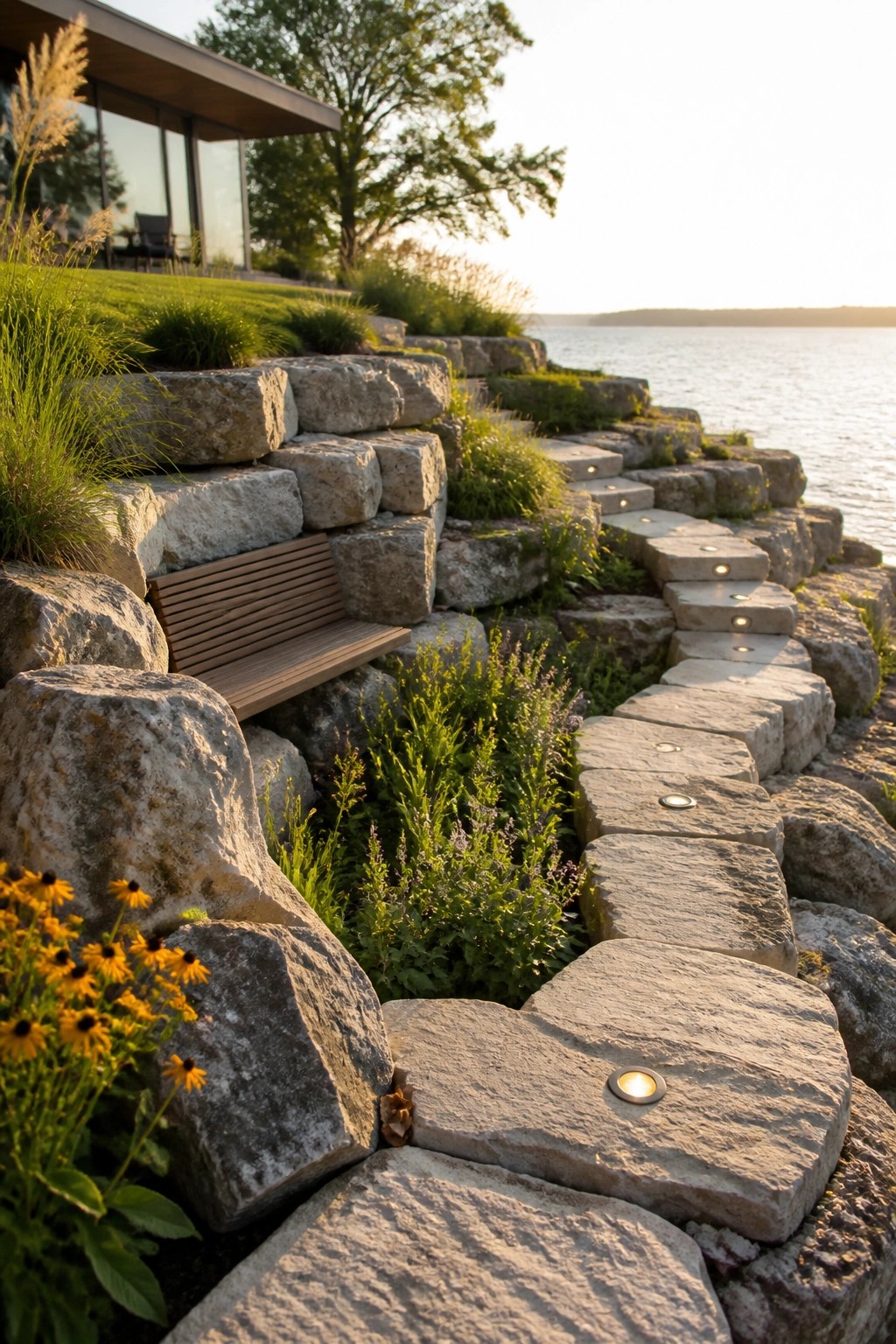 A modern house sits above a terraced stone pathway with small round lights embedded in the steps, leading down a planted slope to the water.