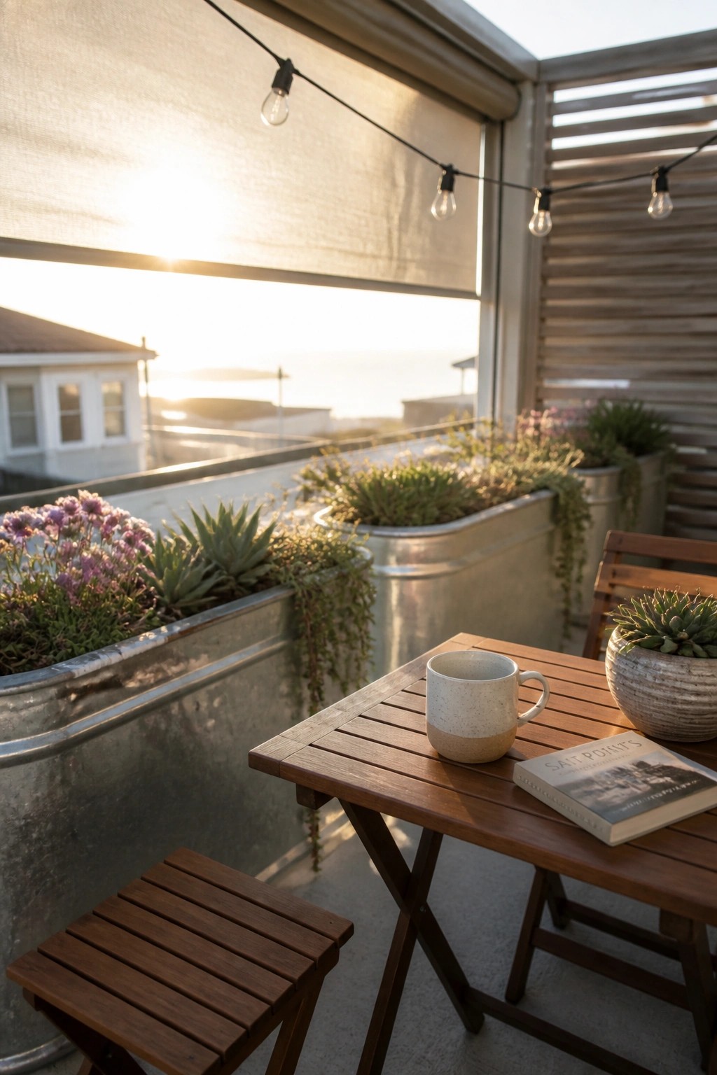A wooden balcony table with a mug and book sits beside a small stool, surrounded by metal planters holding flowers and succulents, with string lights overhead and a coastal view beyond.