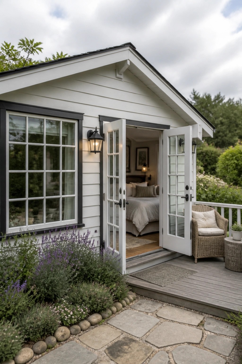A white house exterior with black trim features open French doors revealing a bedroom, a wooden deck with a wicker chair, and a stone pathway bordered by lavender plants.
