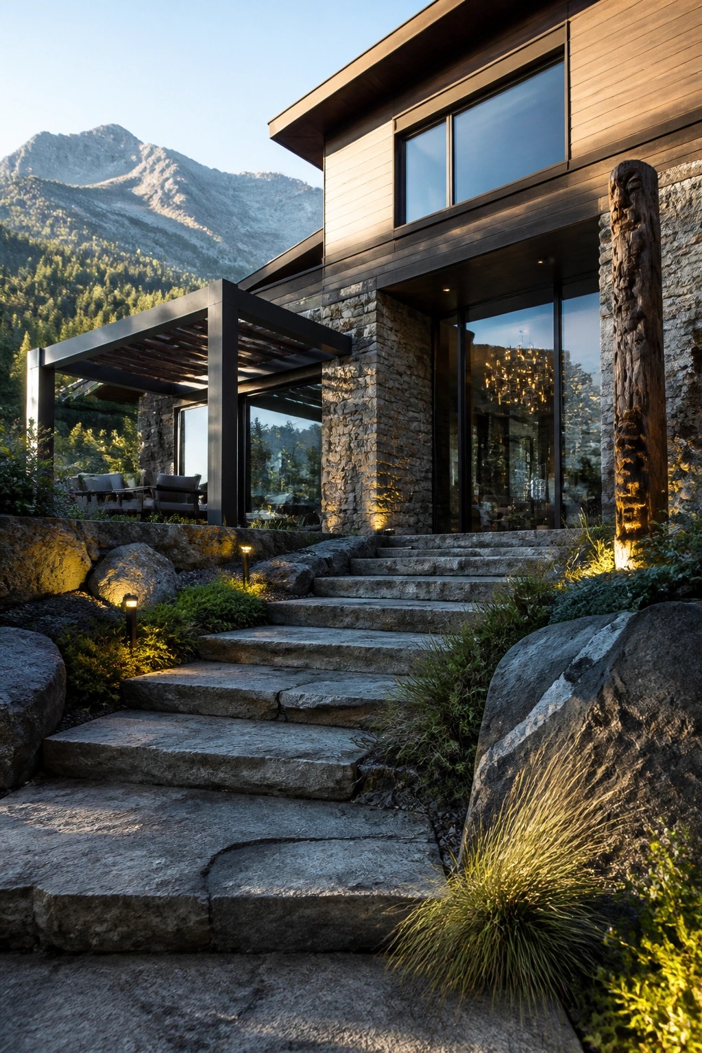 Modern house exterior featuring horizontal wood siding, stone walls, large windows, and stone steps with pathway lighting.