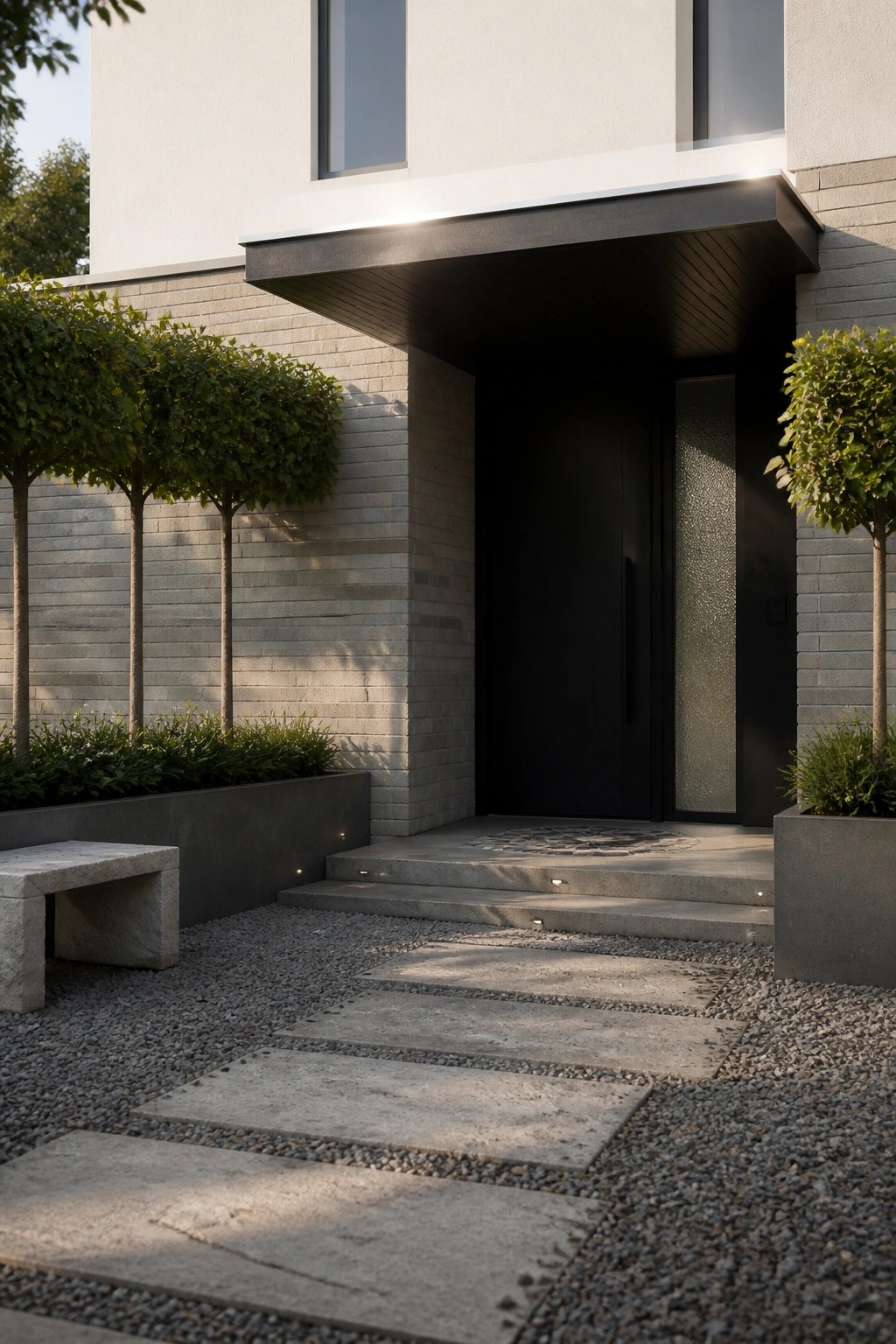 Modern home entrance featuring light gray brick walls, a black front door under a dark overhang, and concrete steps with gravel path.