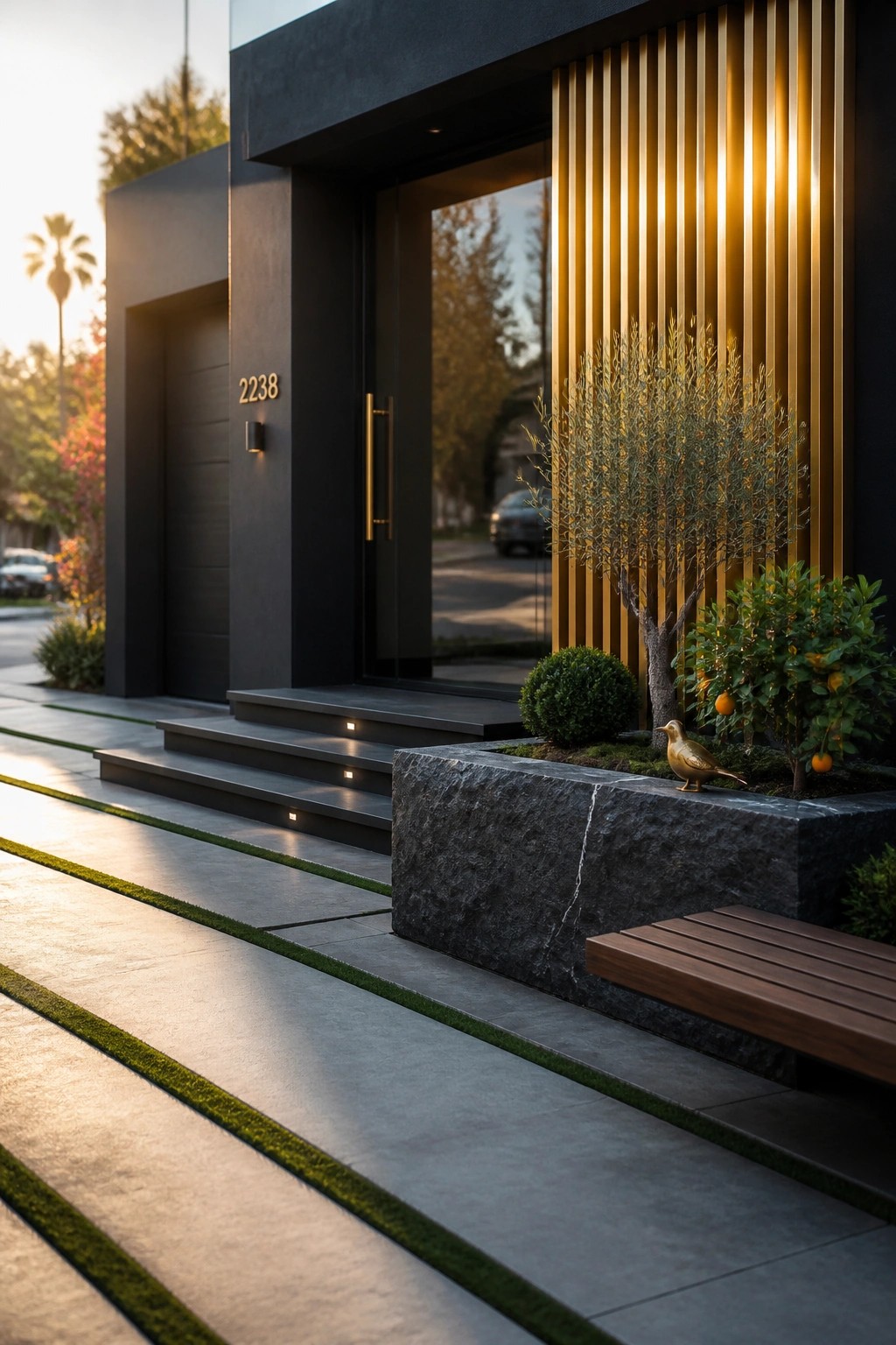 Modern dark gray house entrance with gold vertical slats, three steps, a small olive tree, citrus plants, and a wooden bench beside a stone planter.