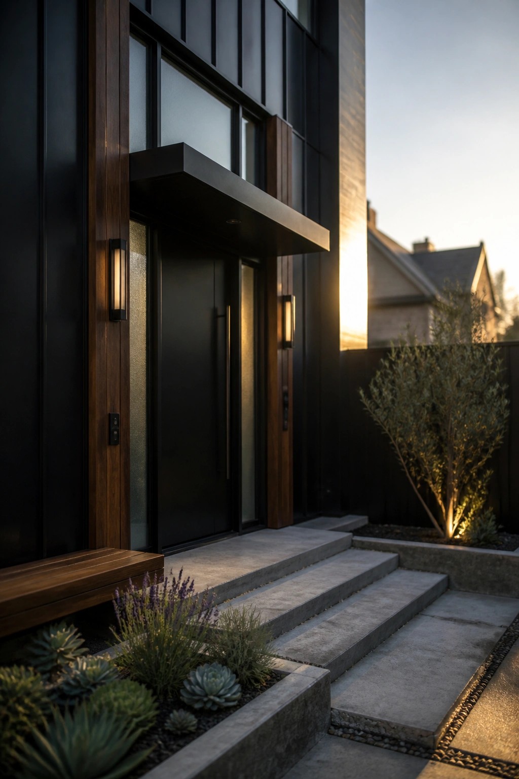 Modern home entrance with black door, dark siding, wood accents, concrete steps, and low landscaping with succulents and shrubs.