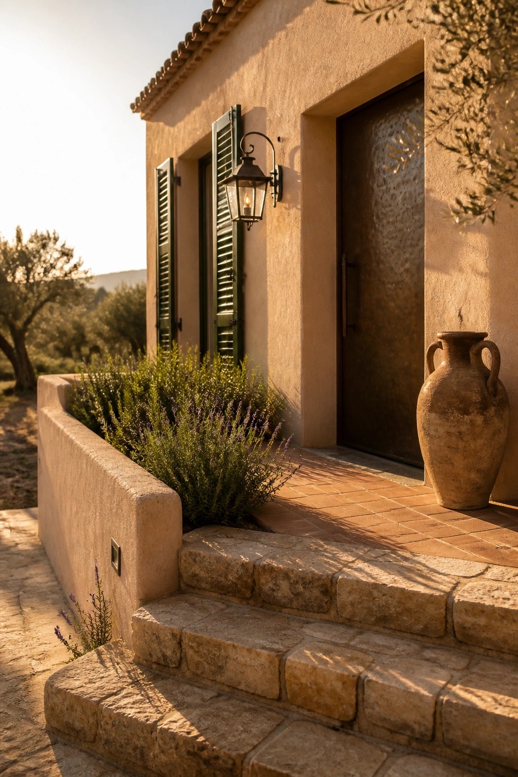 A house exterior with warm beige stucco walls, green shutters, a dark door, stone steps, and a large clay pot beside the entrance.