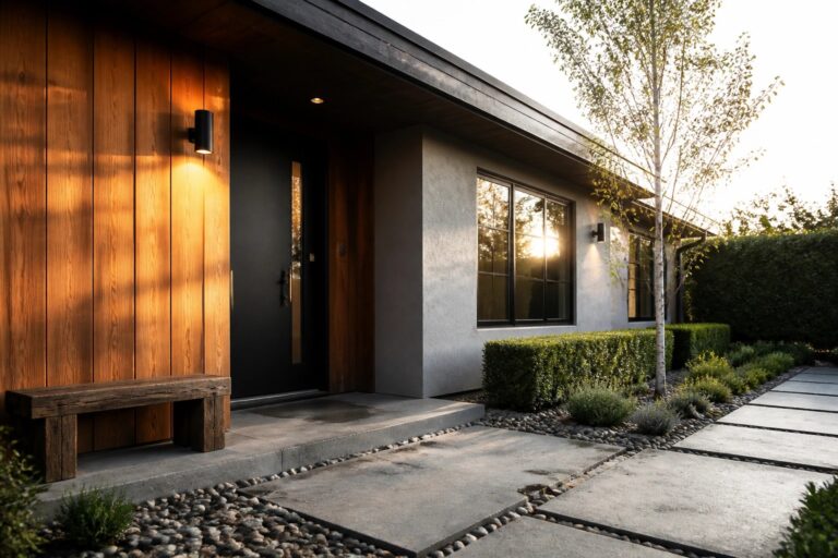 Modern home entrance with vertical wood siding on the left, a black door, concrete pavers leading to the steps, and a large black-framed window on the right stucco wall.