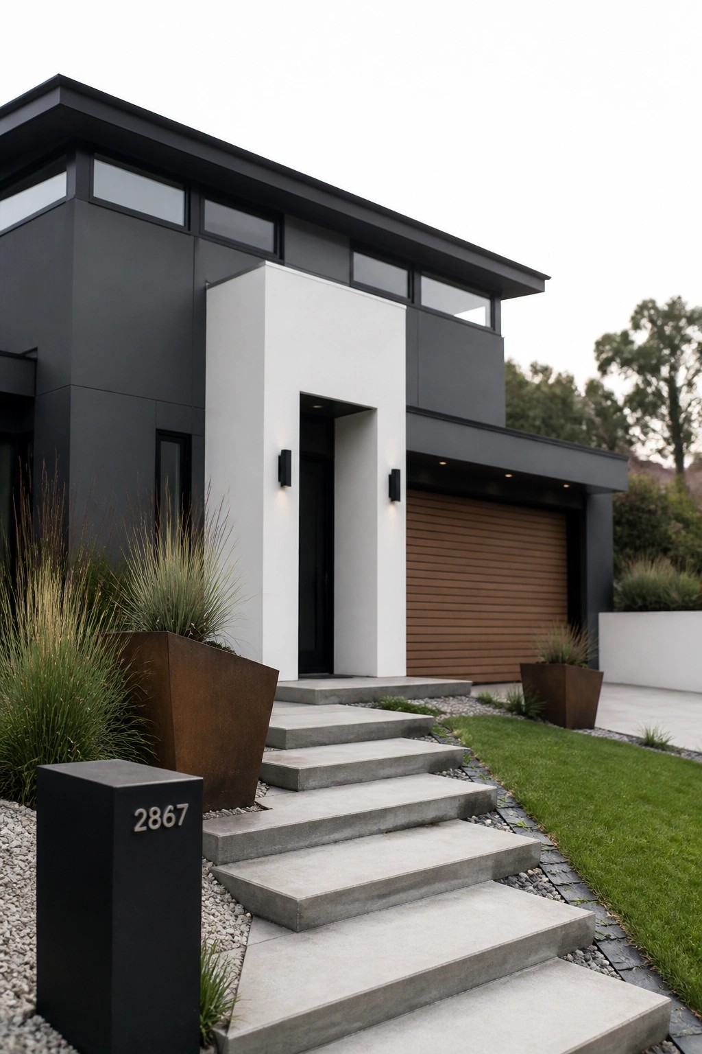 A modern two-story house with dark gray siding, a prominent white entry structure, concrete front steps, and a brown garage door.