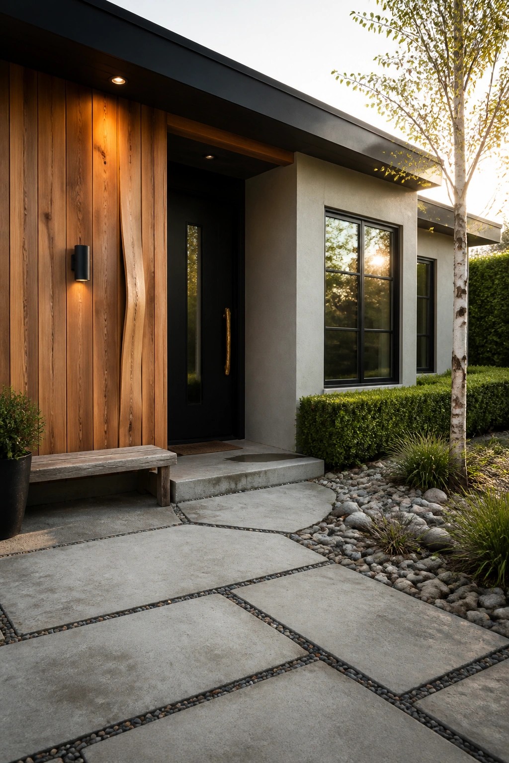 Modern home entrance with vertical wood siding on the left, a black door, concrete pavers leading to the steps, and a large black-framed window on the right stucco wall.