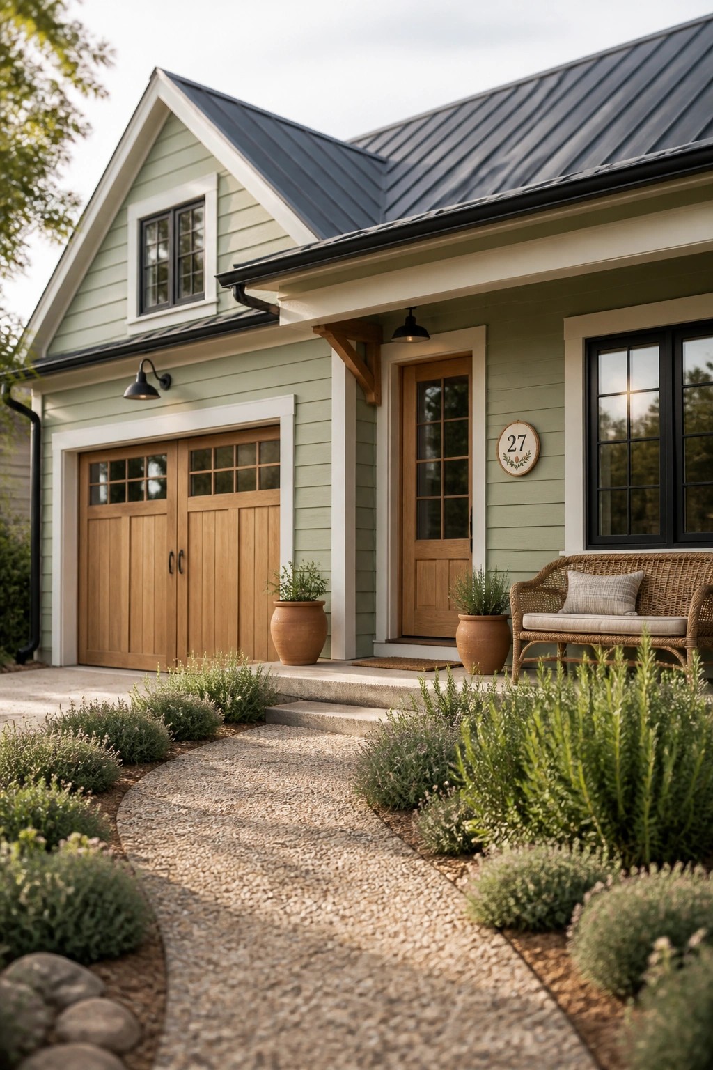 A light green house exterior with a dark metal roof, wooden garage doors, a front door, and a gravel path lined with plants.