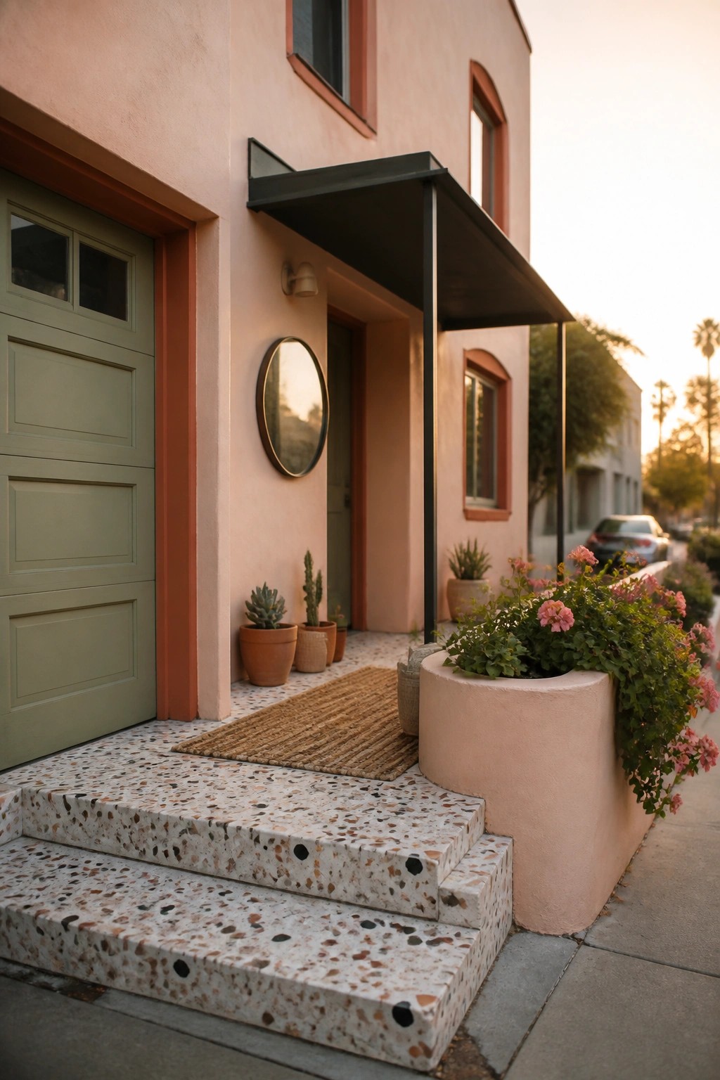 A peach stucco house exterior with a green garage door, terracotta trim, concrete steps, a round mirror by the door, and potted plants near the entrance.