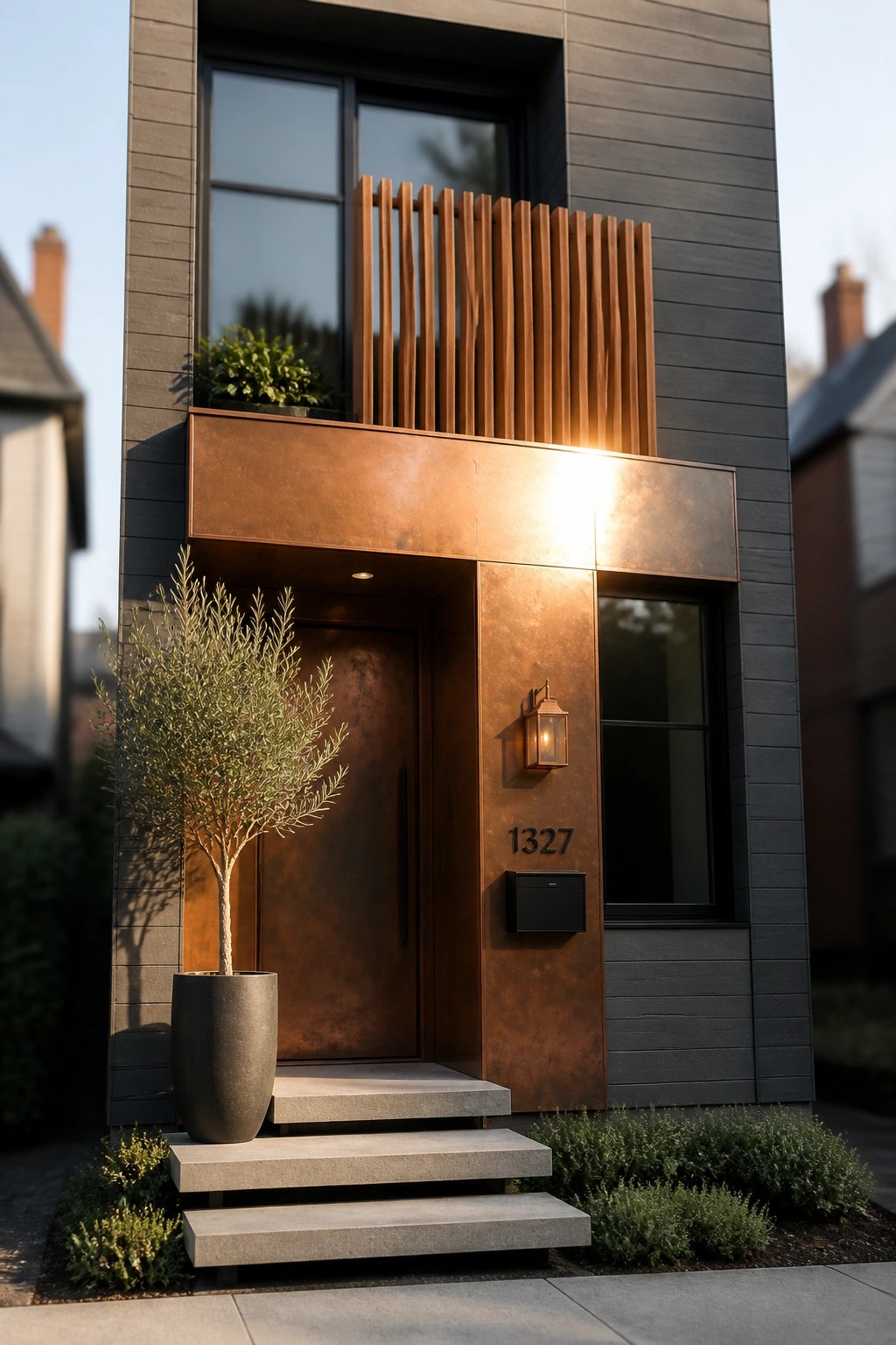 A modern house entrance features dark gray siding, a copper metal door and overhang, concrete steps, and a potted olive tree in a large pot.