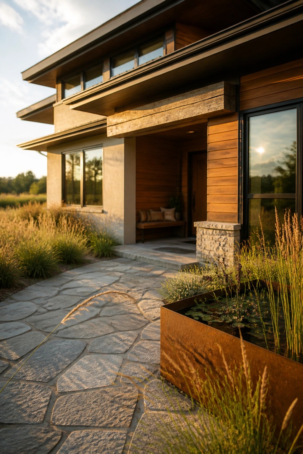 Modern wooden house entrance with stone path, rusty water planter, and tall grasses at sunset