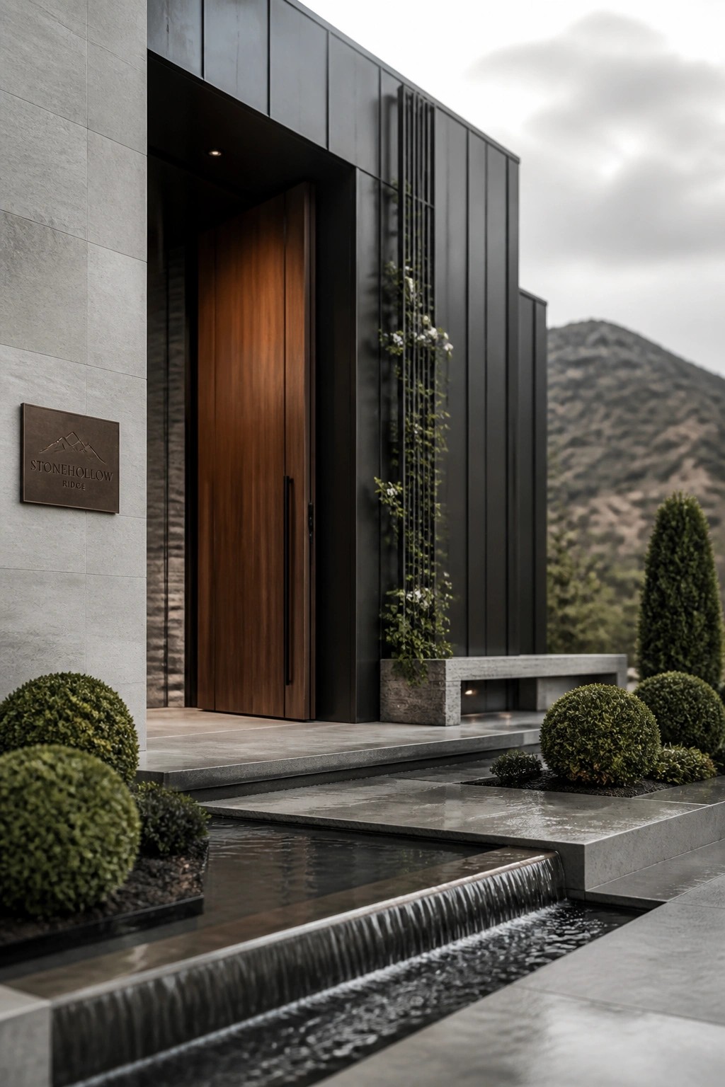 A modern house entrance featuring a tall wooden door set into gray stone and dark metal panels, with a water feature and shrubs in the foreground.