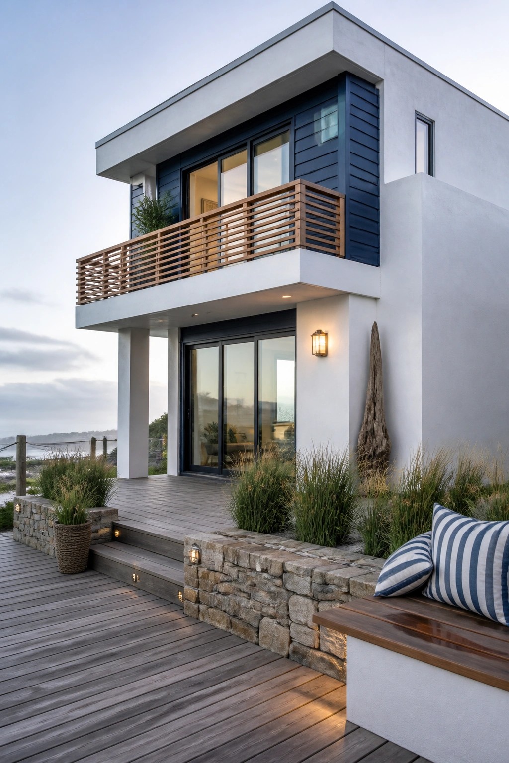 A modern two-story house with white walls, navy blue siding on the upper level, a wooden balcony, and a wooden deck bordered by stone.