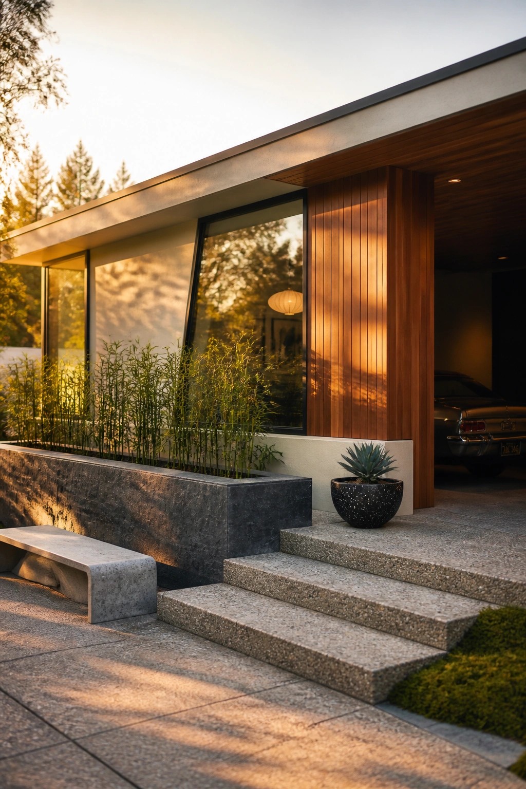 Modern house exterior showing vertical wood paneling beside large windows, concrete steps, a stone planter with tall grasses, and a concrete bench at the entrance.