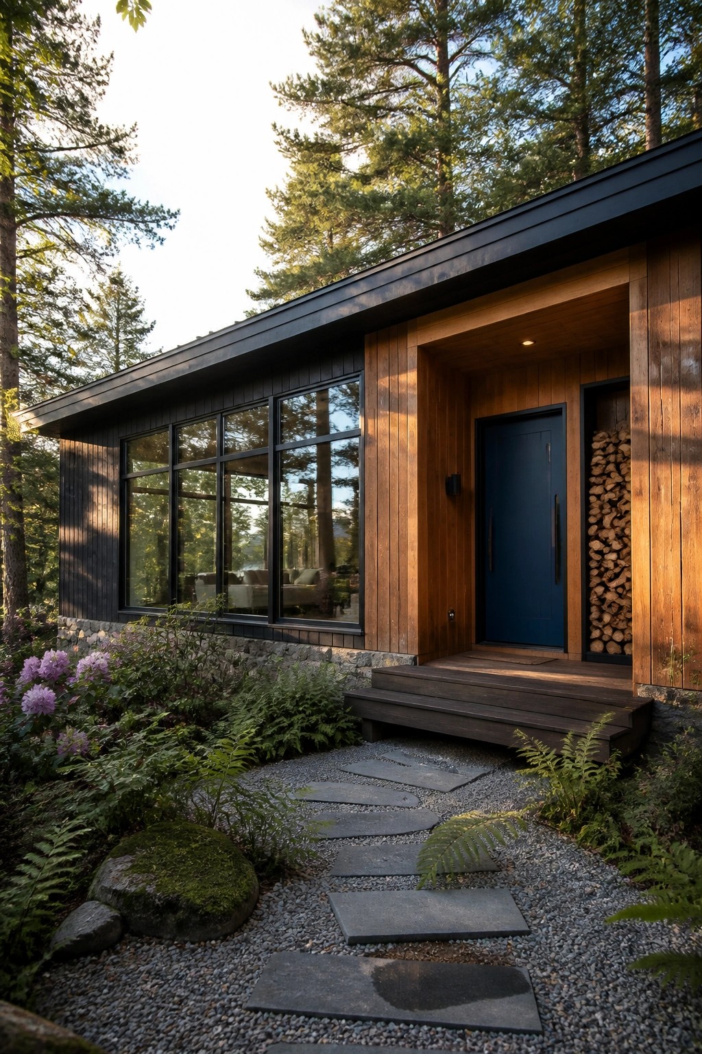 A modern forest house exterior with dark siding, wood paneling around the entry, a blue front door, wooden steps, and a stone pathway through gravel and ferns.
