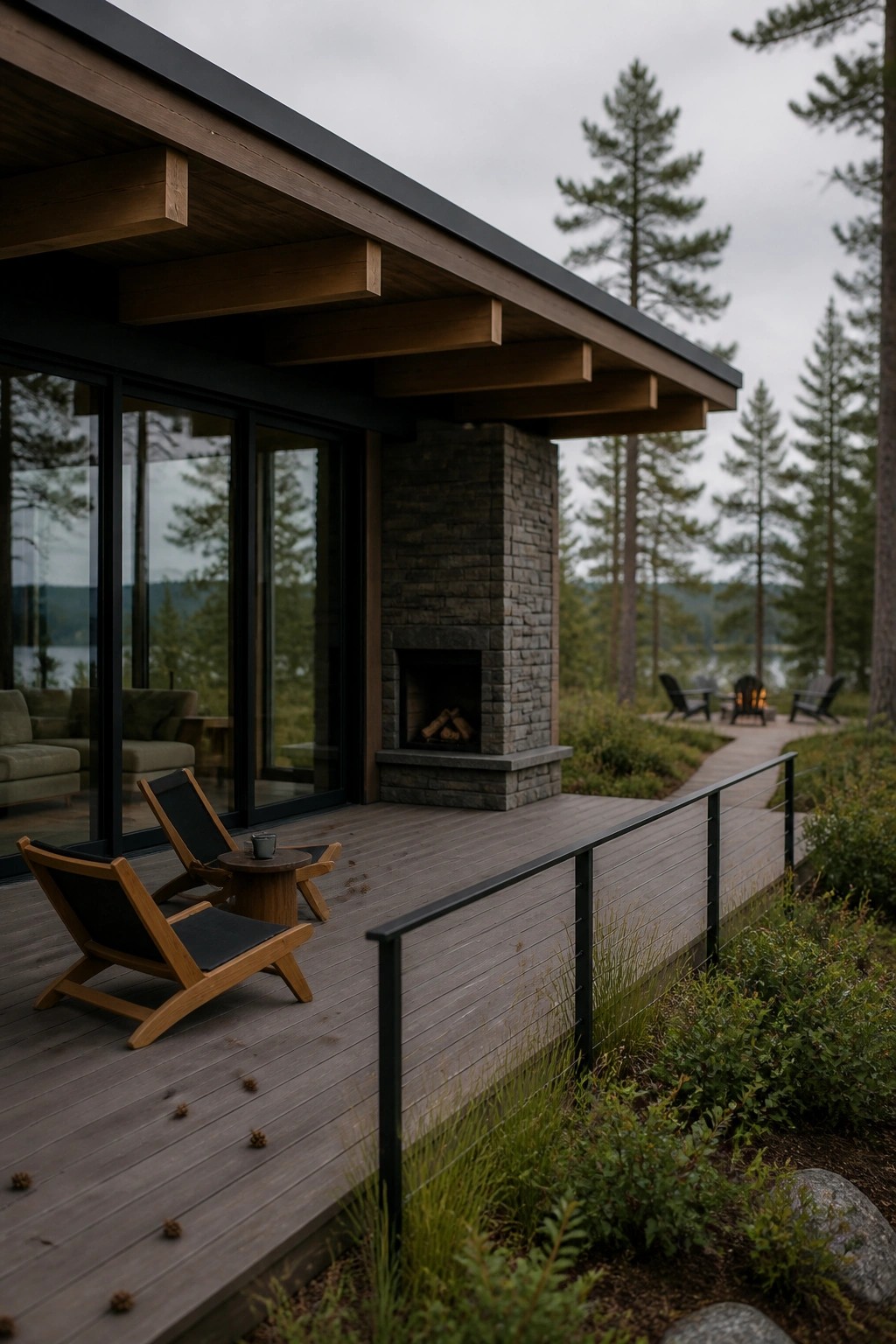 A modern wooden deck with two lounge chairs and a small table in front of a large stone fireplace built into the side of a house, surrounded by forest.