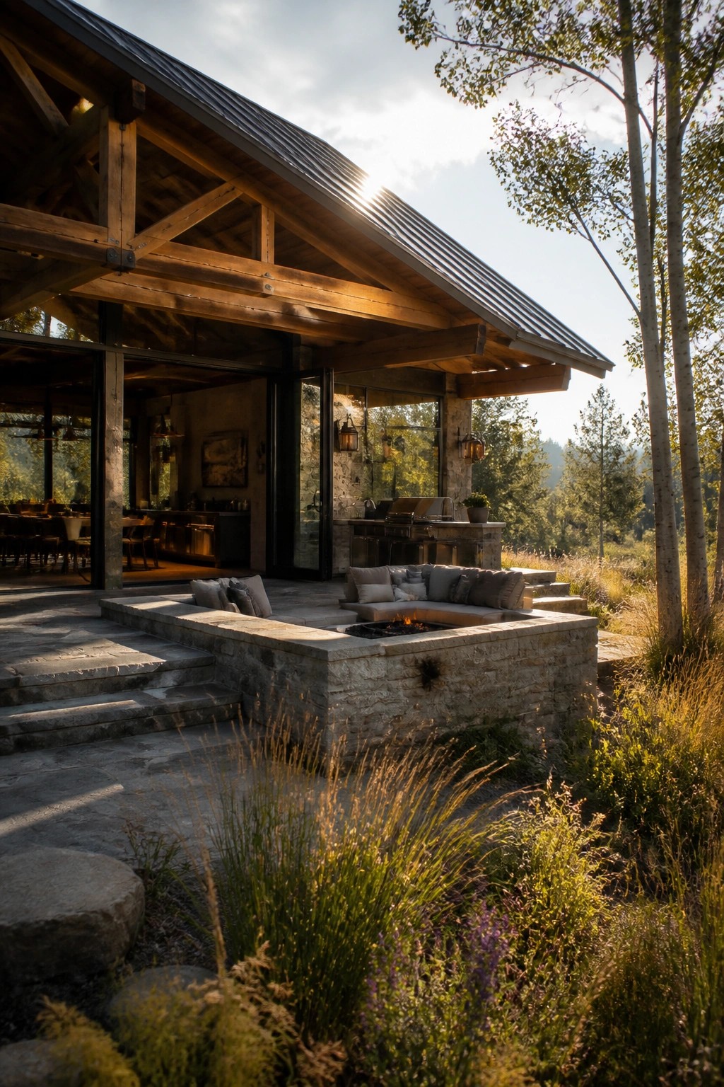 A wooden house with a large L-shaped stone fire pit and built-in seating on a patio next to an outdoor kitchen, set among trees and tall grass.