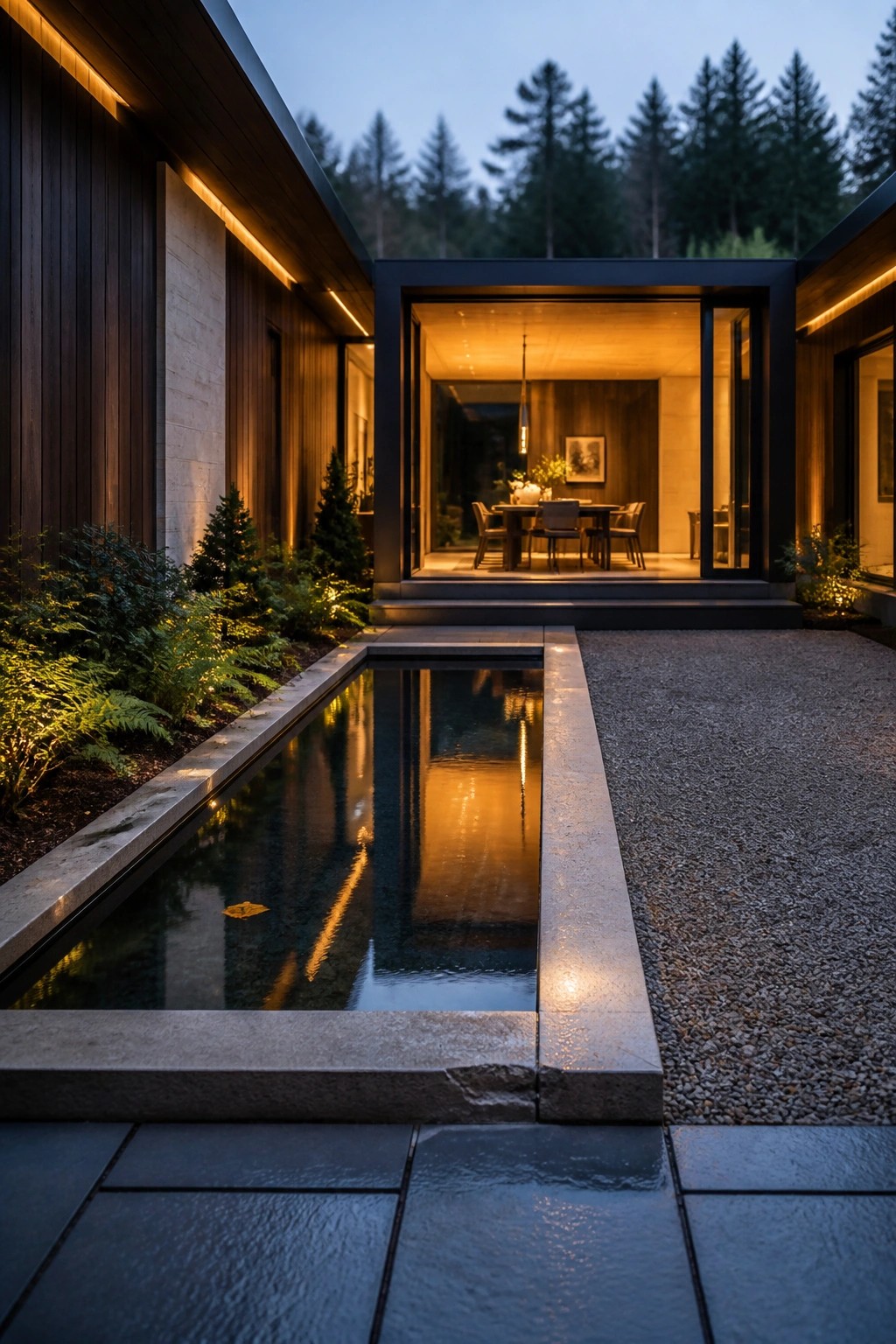 Modern house exterior at dusk with a long narrow reflecting pool leading to large open glass doors that reveal a lit dining area inside, set against a forest backdrop.