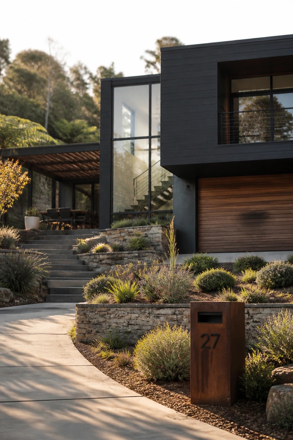 A modern two-story house with dark siding, large glass windows, a wooden garage door, and stone retaining walls set among trees and native plants, with a concrete driveway and metal mailbox in the foreground.