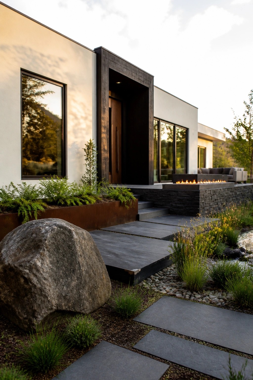 A modern white house exterior featuring a prominent dark wood framed entrance, large windows, stone paver pathways, and surrounding landscaping with plants and a large boulder.