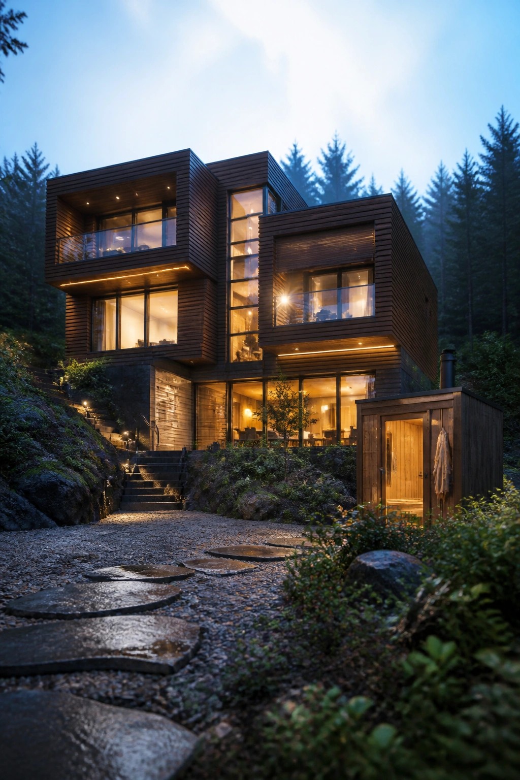 A modern multi-level house clad in dark horizontal wood siding with large lit windows sits on a rocky forested slope beside a gravel path and stone steps.