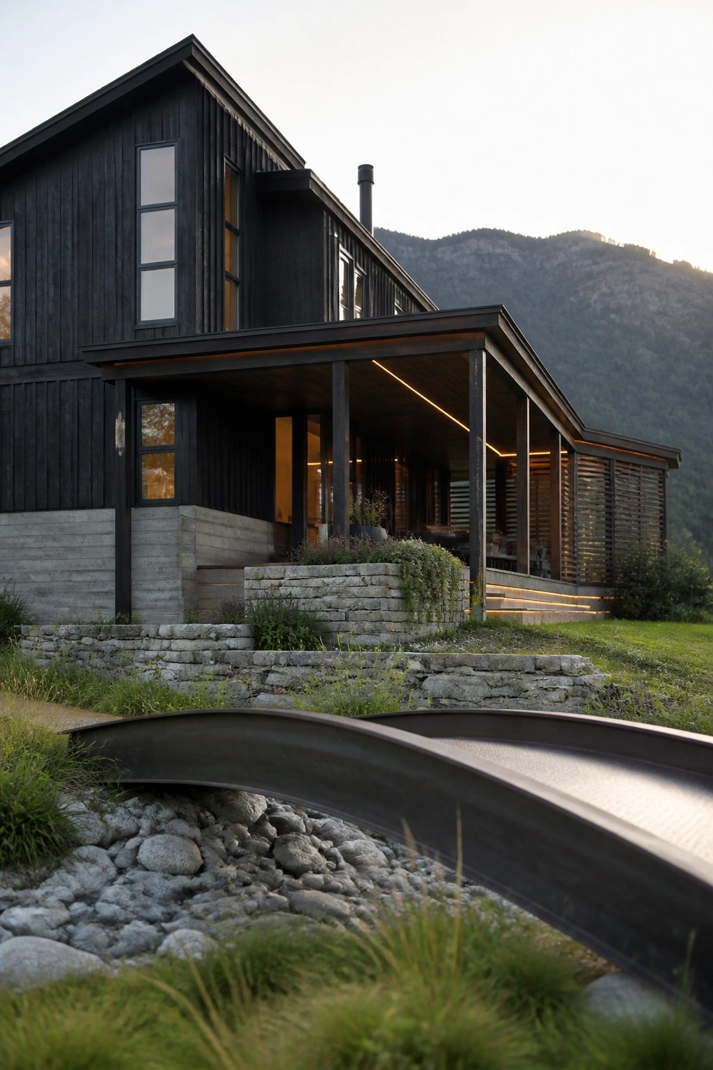 A modern dark wood house with a covered porch and stone base sits on a sloped site with mountains behind it and rocks and grass in the foreground.