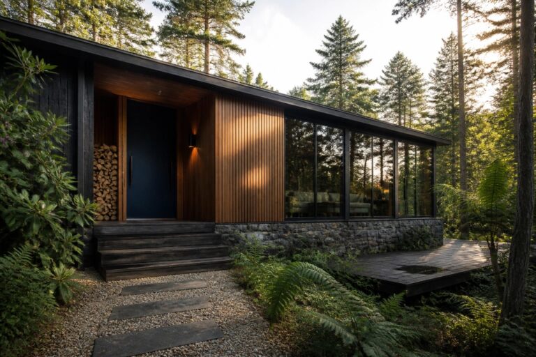 A modern forest house exterior with dark siding, wood paneling around the entry, a blue front door, wooden steps, and a stone pathway through gravel and ferns.