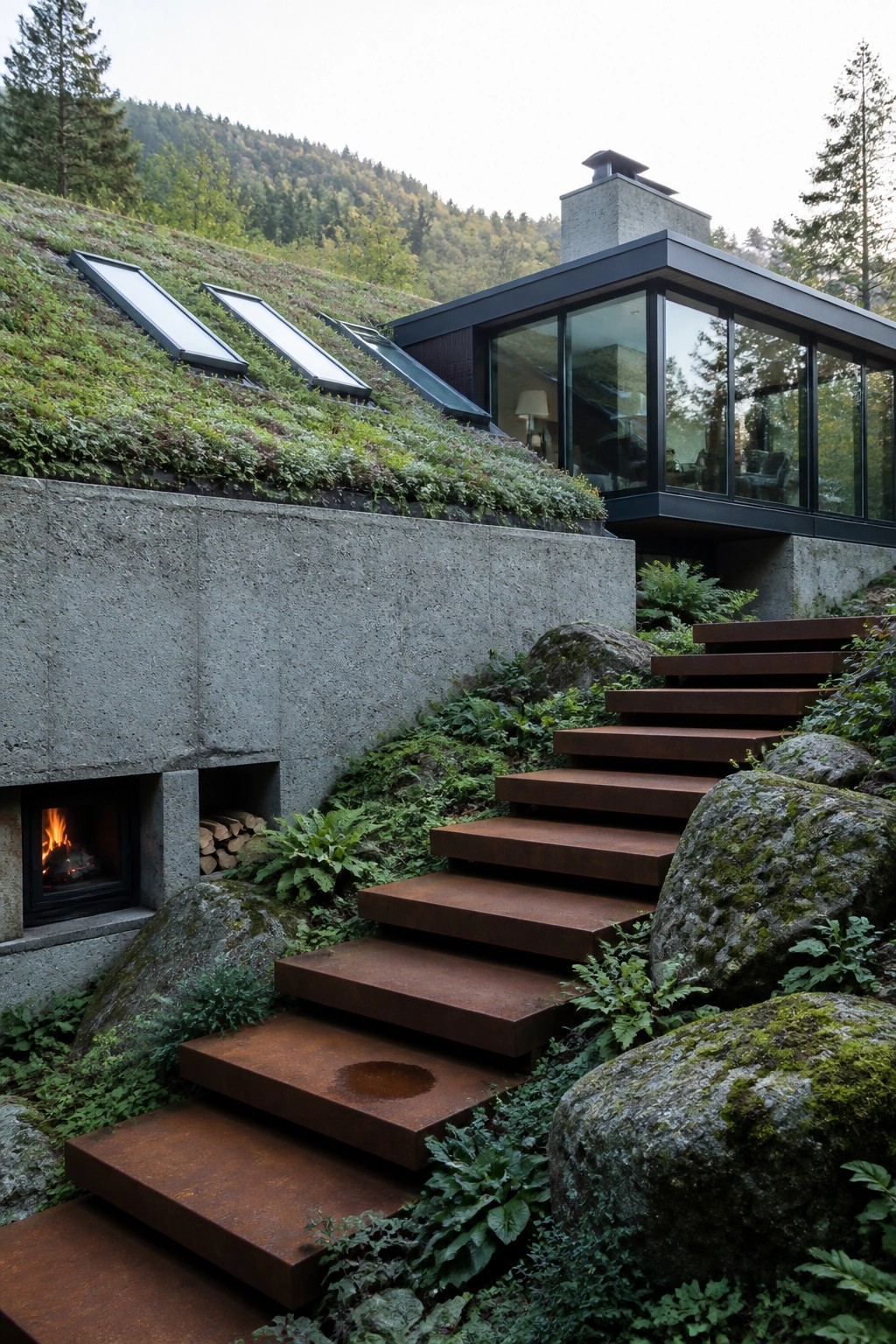 A modern house built into a forested hillside features a sloped green roof with skylights, concrete walls, large glass windows, and rusted metal stairs winding through rocks and plants.