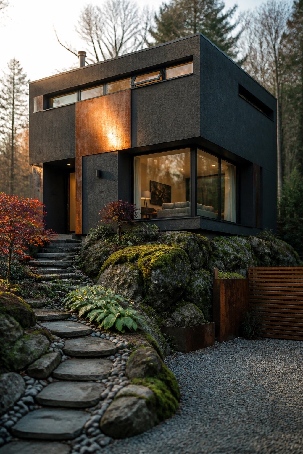 A modern two-story house with dark textured walls and rusted metal panels sits on mossy rocks, with stone steps leading up through a wooded area.