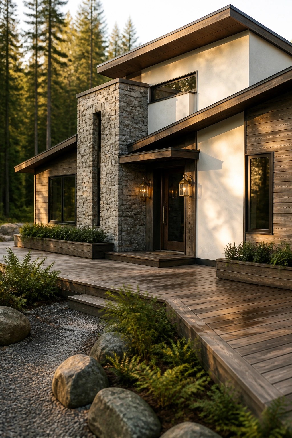 A modern house with wood siding, a prominent stone chimney, a covered entry, and a wooden deck set among trees and rocks.