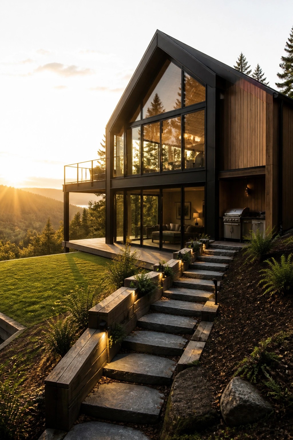 A modern two-story house with dark metal framing, vertical wood siding, and large glass windows sits on a forested hillside with a wooden deck and stone steps leading up from the slope.